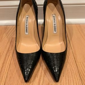 MANOLO BLAHNIK Black Leopard Patent BB Pumps